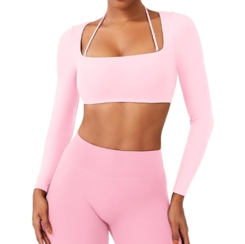 Long Sleeve Crop Top Square Neck Workout Yoga T Shirt Pink